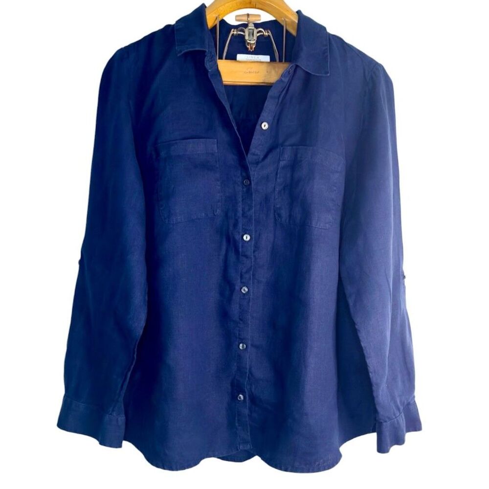 Charter Club Luxury Blue 100% Linen Button Down Blouse Size: L
